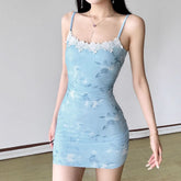 Mesh lace hem flower print cami mini dress