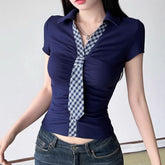 Turnover collar short sleeve plaid patchwork ruched top