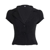 Turnover collar v neck striped print top