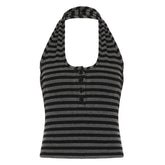 Halter button striped print backless top