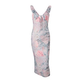 Ruffle v neck flower print self tie midi dress