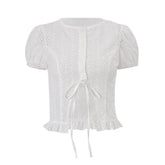 Short sleeve crewneck button hollow out crop cut out top