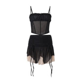 Drawstring ruched mesh cami mini dress