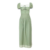 Ruched puff sleeve self tie backless maxi dress