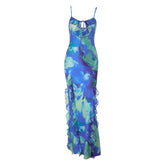 Ruffle hollow out self tie print cami cut out maxi dress