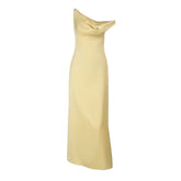 One shoulder irregular satin zip-up maxi dress