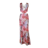 Print v neck hollow out cross back cut out maxi dress