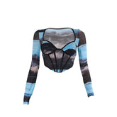 Long sleeve v neck print mesh bustier top