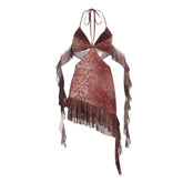 Halter self tie ruffle print hollow out cut out mini dress