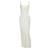 Slit v neck smocked apricot maxi skirt set