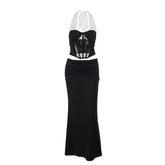 Halter self tie ruched corset maxi skirt set