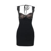 Self tie lace hem v neck black cami mini dress