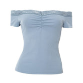 Off shoulder lace hem ruched ribbed top
