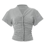 Ruched v neck short sleeve solid top