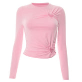 Long sleeve hollow out crewneck ruched cut out top