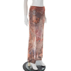 Butterfly print slit contrast mesh maxi skirt