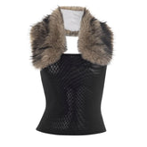 Halter fluffy mesh backless patchwork top