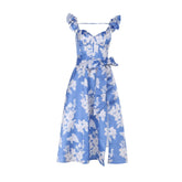 Ruffle flower print zip-up slit v neck midi dress