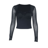 Mesh long sleeve lace hem v neck top