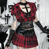 Pleated A line PU leather plaid mini skirt