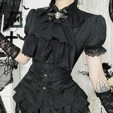Lace hem bowknot short sleeve black top