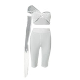 One shoulder irregular mesh knotted pant set