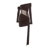 Irregular ruched off shoulder long sleeve mini dress