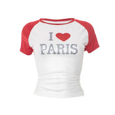 Crewneck short sleeve letter pattern contrast top