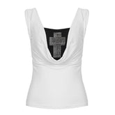 Beaded cowl neck o ring white tank top