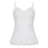 Ruched lace hem v neck white cami top