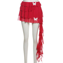 Butterfly applique mesh ruffle mini skirt