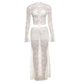 Long flared ruched self tie lace see through maxi skirt set