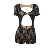 Short sleeve hollow out u neck lace romper