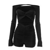 Long sleeve hollow out ruched off shoulder romper