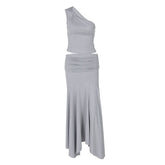 Irregular one shoulder ruched maxi skirt set