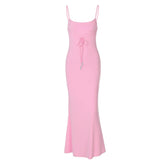 U neck self tie backless solid cami maxi dress