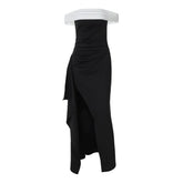 Off shoulder irregular slit pleated maxi dress
