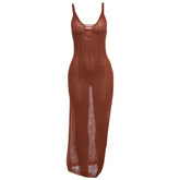 Hollow out u neck see through slit cami cut out maxi dress