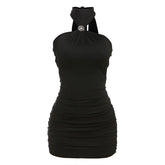 Self tie halter ruched backless mini dress