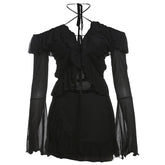 Long flared sleeve halter mesh ruffle mini skirt set