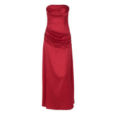 Satin pleated zip-up solid tube maxi dress