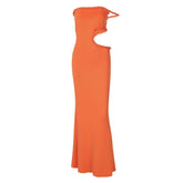 Hollow out off shoulder irregular solid cut out maxi dress