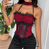 Halter lace hem self tie top