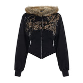 Long sleeve hoodie fluffy zip-up beaded print top
