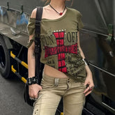 Short sleeve hollow out irregular letter print cut out top