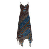 V neck lace hem print irregular cami maxi dress