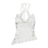 Cross front ruffle irregular halter self tie top