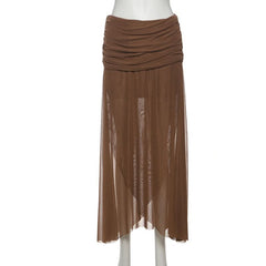 Ruched irregular mesh solid maxi skirt