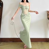 Ruched lace one shoulder irregular maxi dress
