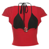 Cap sleeve self tie halter v neck crop top